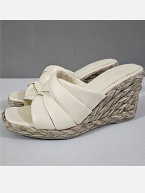 Vince Gilian Woven Espadrille Wedge Sandal Womens 7.5 Cream Leather Mule NEW